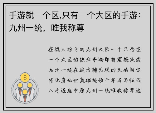 手游就一个区,只有一个大区的手游：九州一统，唯我称尊